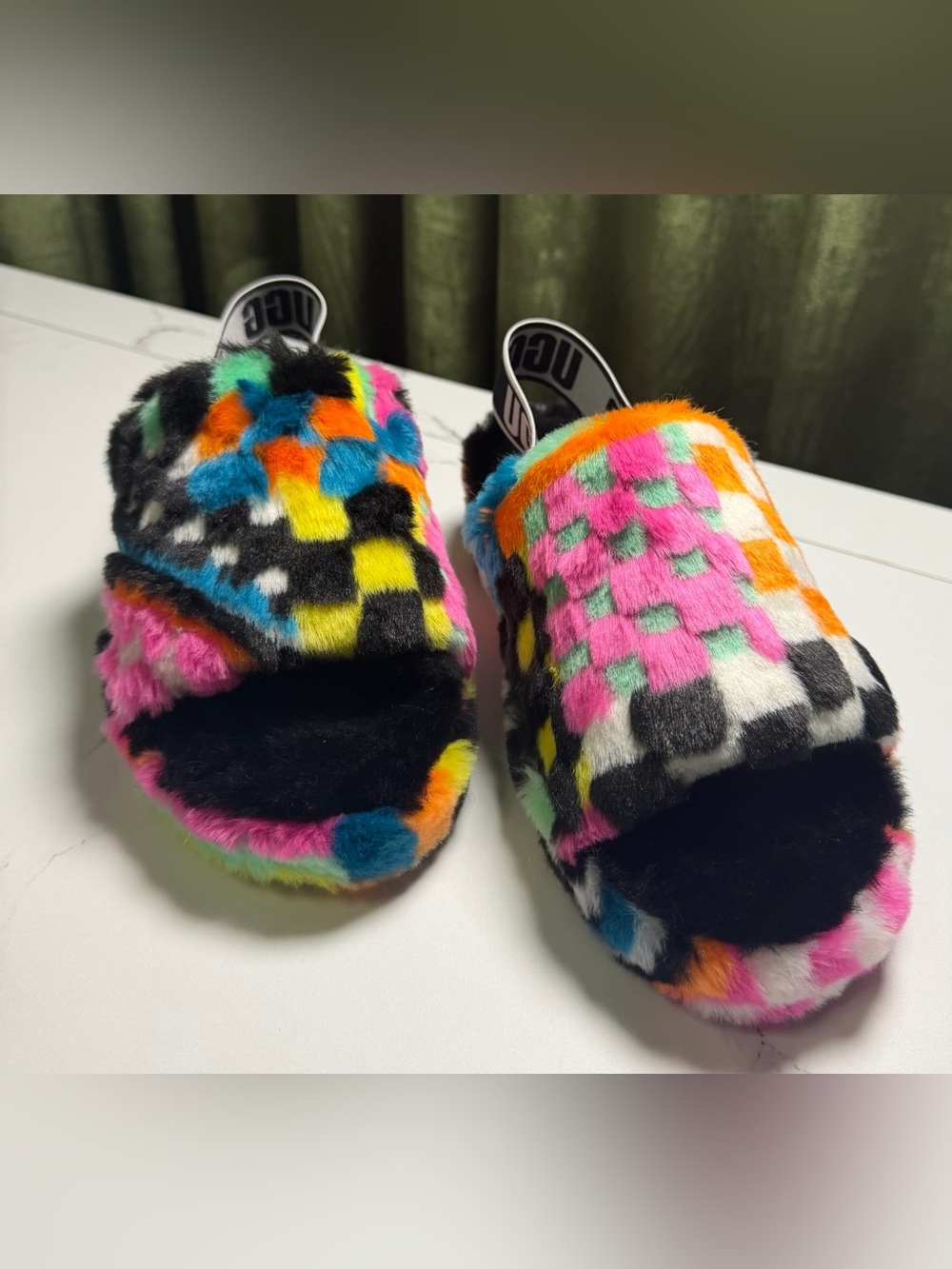 UGG Multicolor Checkerboard Fuzzy Slide Slippers